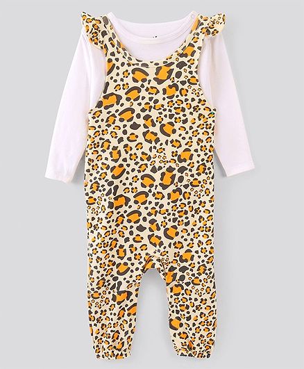 Bonfino 100% Cotton Knit Dungaree Style Romper with Full Sleeves T-Shirt Leopard Print - Beige & White