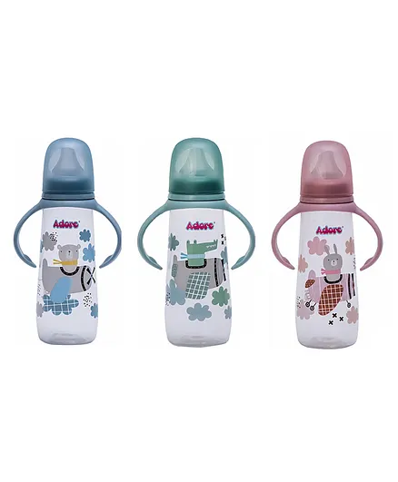 Adore Advanced England Narrow Neck Feeding Bottle With Handle & Premium Matte Designed Anti-Colic Teat Pack of 3 - 250 ml Each