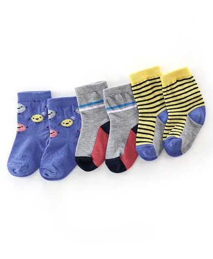 Cutewalk By Babyhug Cotton Anti Bacterial Ankle Length Striped Socks Pack of 3 - Blue Grey & Yellow