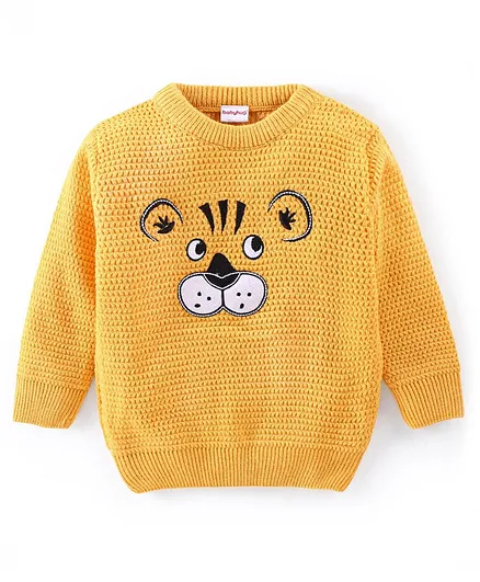 Babyhug 100% Acrylic Full Sleeves Pullover Sweater with Tiger Print - Mustard