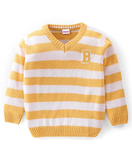 Babyhug 100% Acrylic Knit Full Sleeves Sweater With Striped & Embroidery - Yellow & White