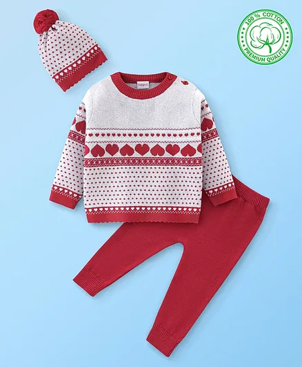 Babyhug Organic Cotton Full Sleeves Heart Design  Sweater Sets - Grey & Red