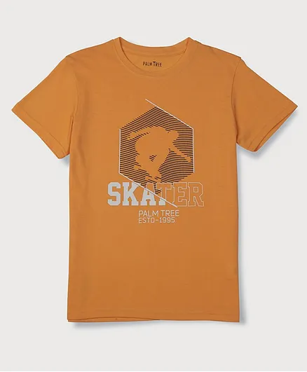 PALM TREE Half Sleeves Skater With Striped Hexagon Printed Tee - Orange