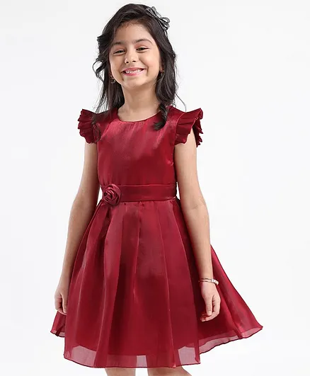 Mark & Mia Half Sleeves Party Frock With Bow Applique Solid- Maroon