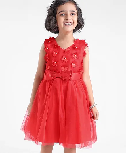 Mark & Mia Cotton Sleeveless Party Frock With Bow Applique & Floral Embroidery- Red