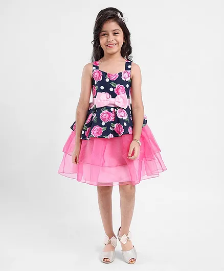 Mark & Mia Sleeveless Party Frock With Sequin Detailing & Floral Corsage- Pink & Green