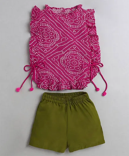M'andy Frill Sleeves Bandhani Style Design Printed Top & Shorts - Magenta Pink