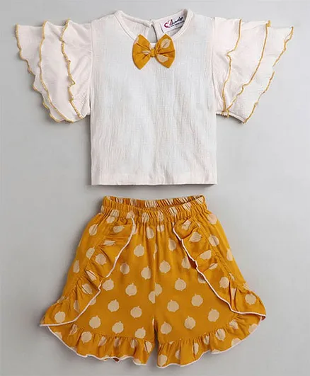 M'andy Flutter Sleeve Bow Detail Top & Heart Printed Shorts - White