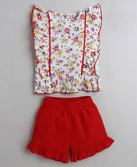M'andy Frill Sleeve Floral Printed Top & Shorts - Red