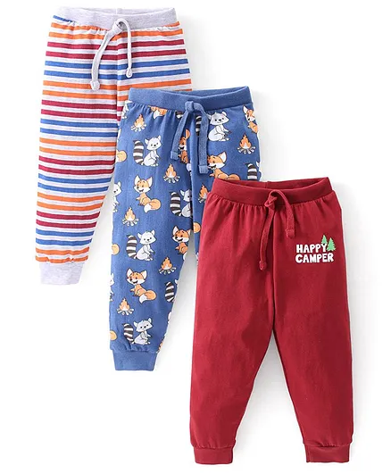 Babyhug Cotton Full Length Lounge Pants Striped & Wolf Printed Pack of 3 - Red & Blue