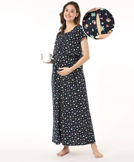 Bella Mama 100% Cotton Knit Half Sleeves Nighty with Concealed Zipper Floral Print - Navy Blue