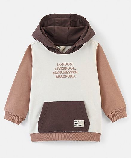 Bonfino 100% Cotton Full Sleeves Color Block  Hoodie with Utility Pocket - Off White