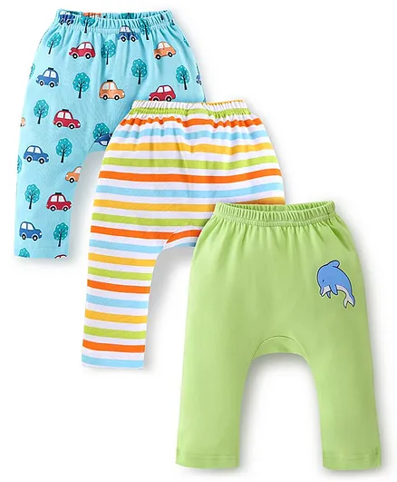 Babyhug Cotton Diaper Pants Striped & Car Print Pack of 3 - Blue & Green