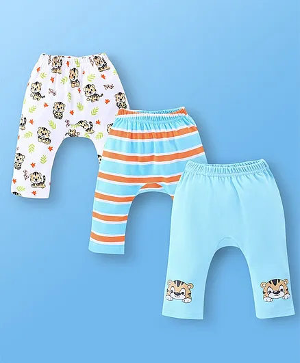 Babyhug Cotton Knit Full Length Diaper Pants Stripes & Tiger Print Pack Of 3 - White & Blue