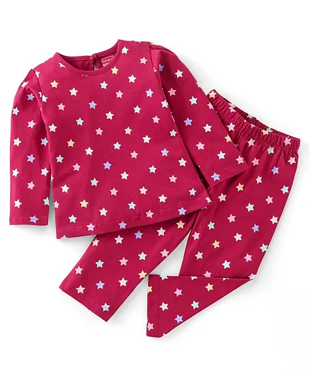Babyhug Cotton Full Sleeves Night Suit Stars Print- Pink