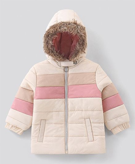 Bonfino Full Sleeves Padded Jacket with Fur Hood Colour Block  Pattern - Ivory