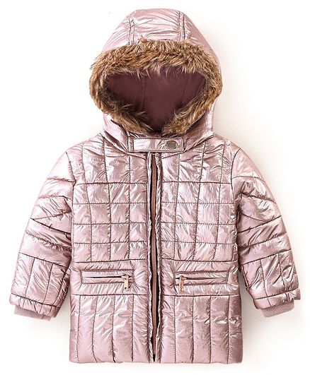 Bonfino Full Sleeves Padded Jacket with Hood Solid Colour Pattern - Pink