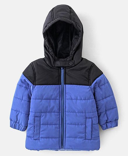 Bonfino Woven Full Sleeves Color Block Jacket With Hood - Blue