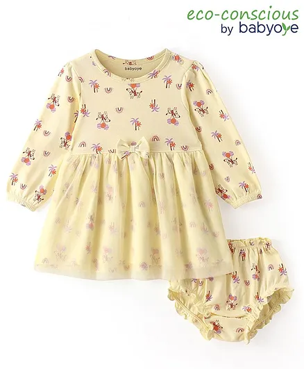Babyoye Eco Conscious 100% Cotton Full Sleeves Floral Printed Frock with Bloomer - Yellow