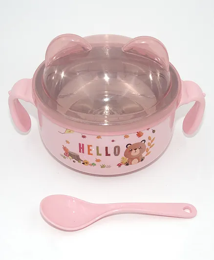 SANJARY Steel Kids Bowl With Handle & Spoon - Pink