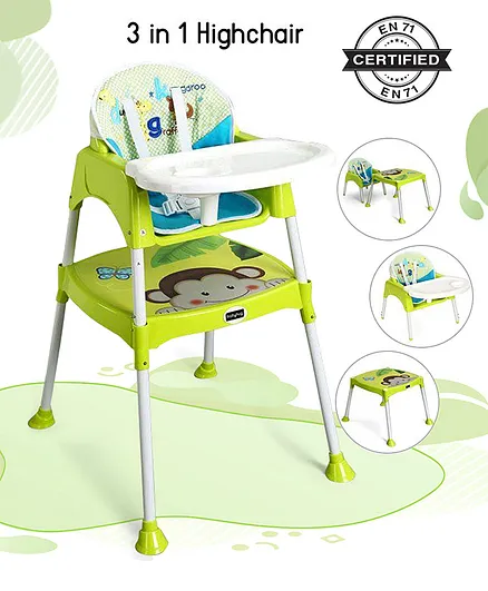 Babyhug 3 in 1 Play & Grow High Chair With 5 Point Safety Harness And Anti-Slip Base - Green