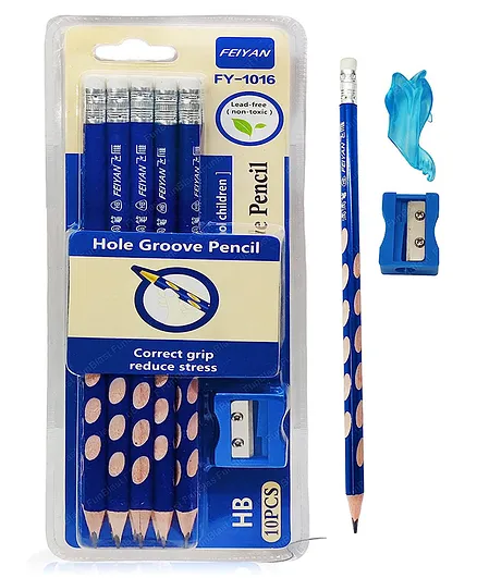 FunBlast Stylish Pencils Set with Sharpener Eraser and Pencil Cap Pack of 10 - Blue