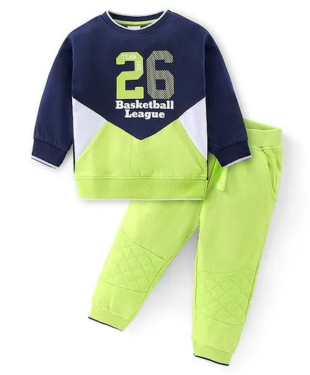 Babyhug 100% Cotton Knit to Knit Full Sleeves Text Printed T-shirt and Joggers Pant-Blue & Green