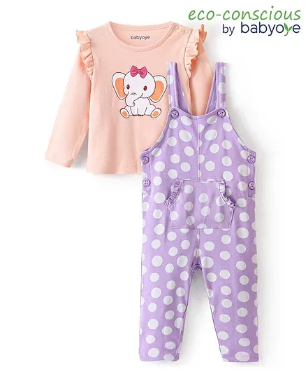 Babyoye 100% Cotton With Eco Jiva Finish Full Sleeves Inner T-Shirt & Dungarees Elephant Print - Orange & Blue