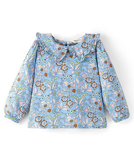 Bonfino 100% Viscose Full Sleeves Top with Floral Print - Blue
