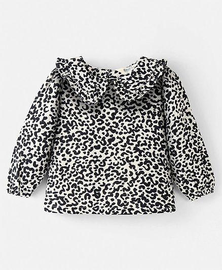 Bonfino Cotton Viscose Full Sleeves Top with Leopard Print - Black