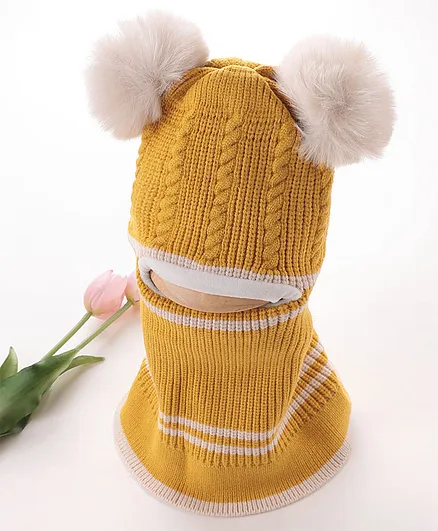 Babyhug Acrylic Cable Knit Monkey Cap - Mustard