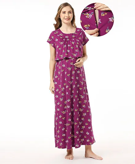 Bella Mama 100% Cotton Knit Half Sleeves Nighty with Concealed Zipper Floral Print - Purple