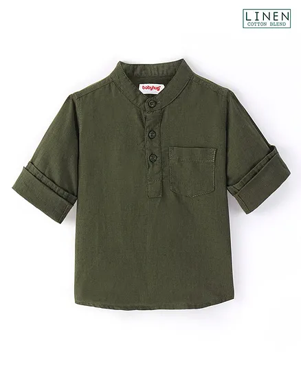 Buy Babyhug Linen Full Sleeves Mandarin Collar Kurta Solid Shirt Olive  Green for Boys (12-18 Months) Online in India, Shop at