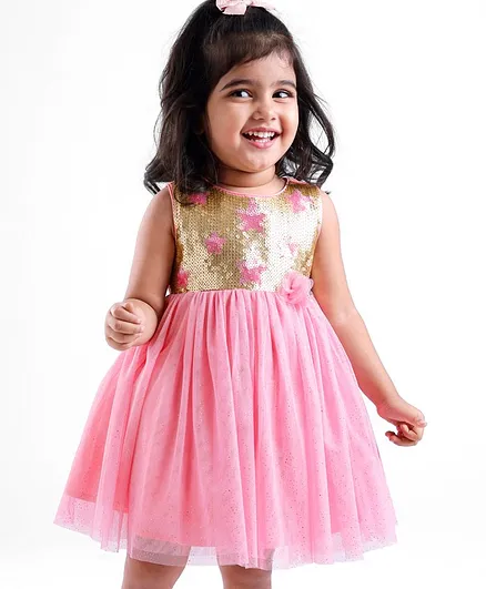 Babyhug Woven Sleeveless Party Frock Sequinned With Floral Applique - Pink & Golden