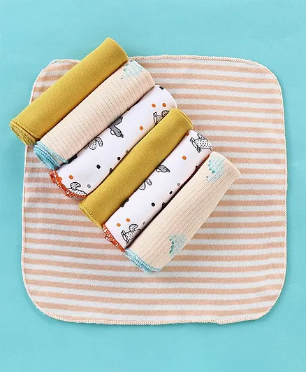 OHMS Interlock Knit Hand & Face Towels With Stripes & Sheep Print Pack of 7 - Multicolour