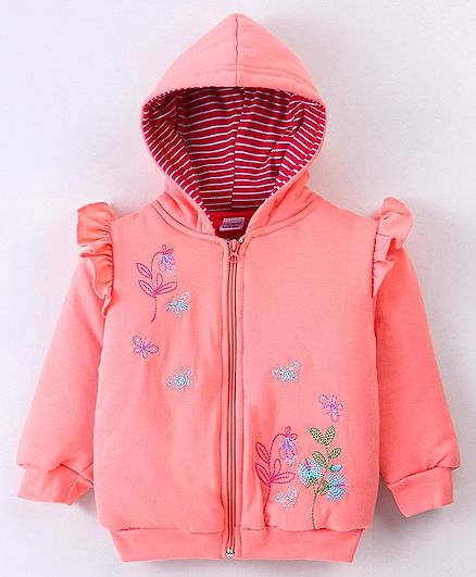 Cucumber Full Sleeves Hooded Sweatshirts With Floral Embroidery - Soft Pink