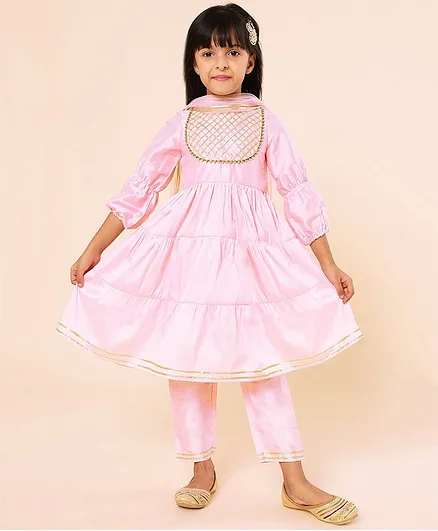 A.T.U.N. Three Fourth Sleeves  Checked Design Laced Embellished Solid Tiered  Kurta Dhoti Set - Soft Pink