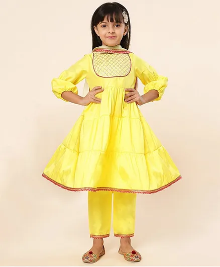 A.T.U.N. Three Fourth Sleeves  Checked Design Laced Embellished Solid Tiered  Kurta Dhoti Set - Lemon Yellow