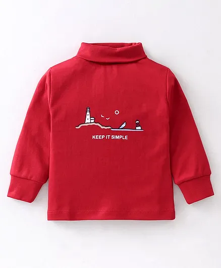 Cucumber Interlock Cotton Knit Full Sleeves T-Shirt With Text Print - Red