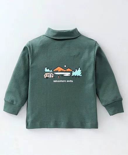 Cucumber Interlock Cotton Knit Full Sleeves T-Shirt With Text Print - Green