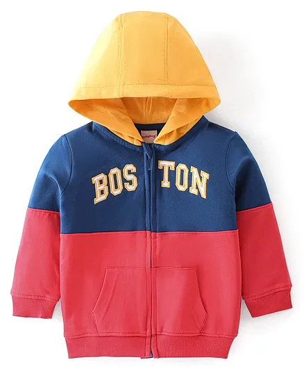 Babyhug 100% Cotton Knit Full Sleeves Cut & Sew Sweatjacket With Hood Text Applique Detailing - Red & Navy Blue