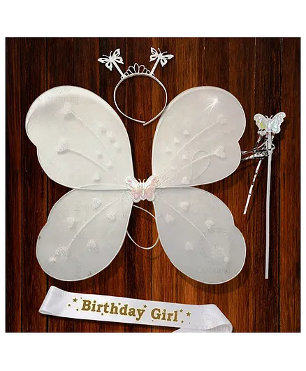 Camarilla Nylon Fairy Butterfly Wings Combo with Matching Hair Band Magic Wand Costume and Sash - White