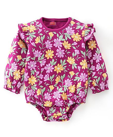 Babyhug 100% Cotton Knit Full Sleeves Onesie  Floral Print - Purple