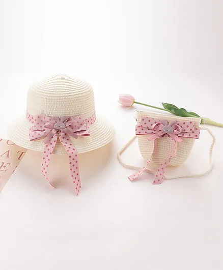 Babyhug Straw Hat with Bow Applique and Purse White Online in