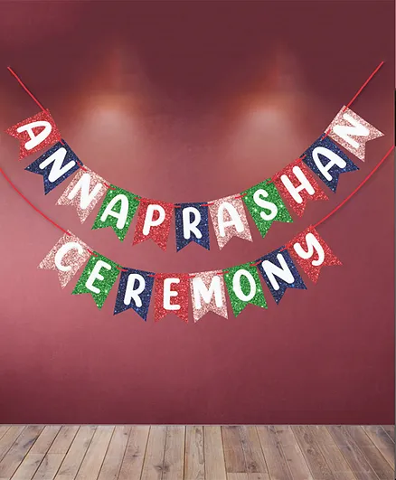 WOBBOX Annaprashan Bunting Banner - Multi-Color Ceremony Decoration, Pre-Assembled On Ribbon, Each Block 15.6x10.6 Cm