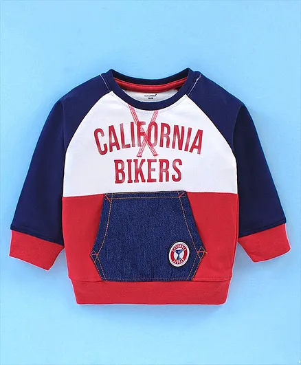 Cucumber Cotton Looper Knit Full Sleeves T-Shirt Text Print - Red & Blue