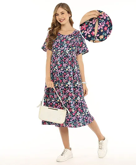 Bella Mama Woven Flower Print Half Sleeves Maternity Dress with Pocket-  Multicolour