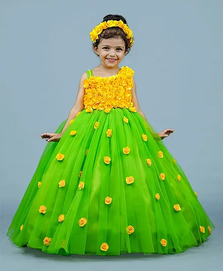 Li&Li BOUTIQUE One Shoulder Rosette Bodice Floral Embellished Fit & Flare Dress - Parrot Green & Mango Yellow
