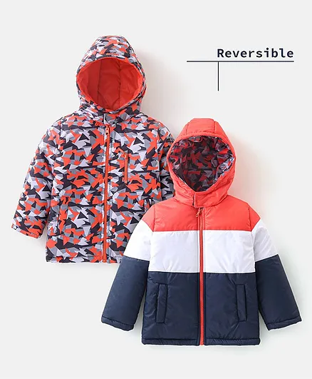 Babyhug Woven Full Sleeves Reversible Hooded Jacket With Solid Colour - Red Blue & White