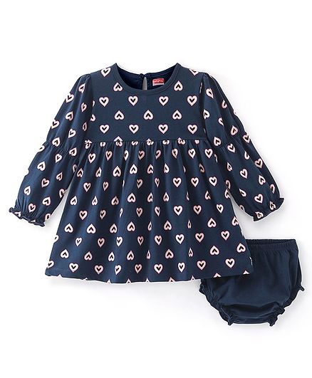 Babyhug Cotton Knit Full Sleeves Frock with Bloomer Heart Printed - Navy Blue